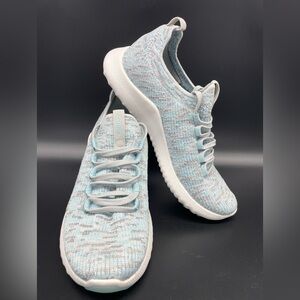 Aetrex Carly Arch Support Light Blue & Gray Stretchy Knit Slip-On /Lace Sneakers